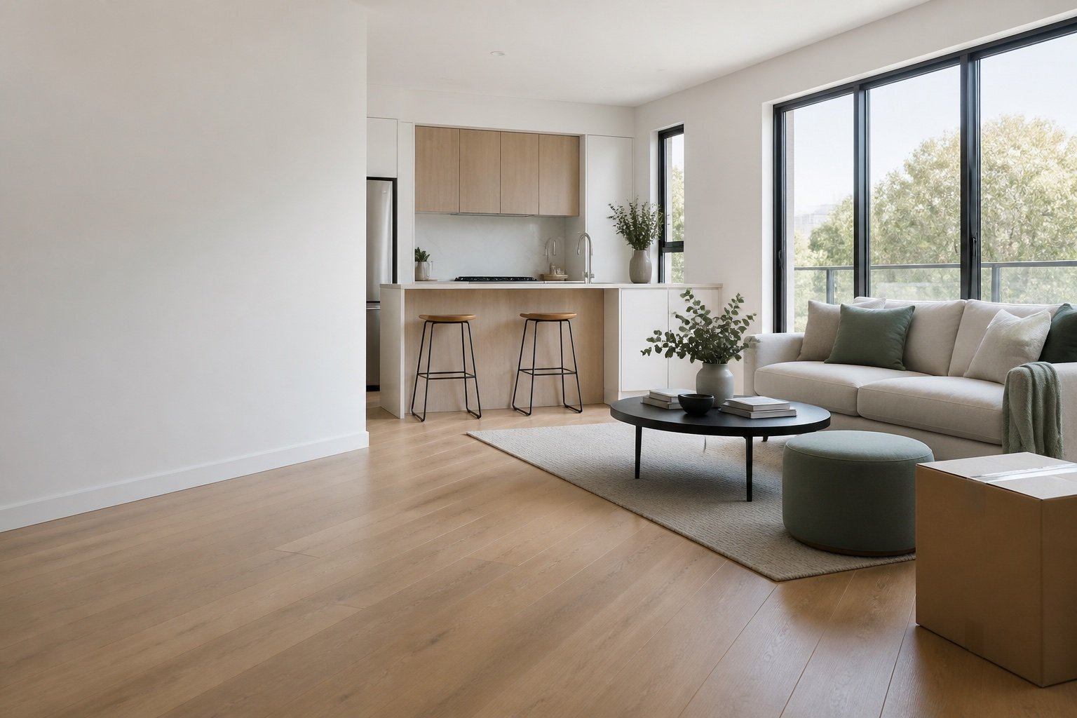 Bright, clean apartment living area